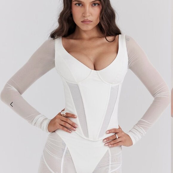 House of CB Tops - House of CB Araminta White Long Sleeve Mesh Corset